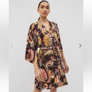 EUC Soma Small / Medium Robe PARROT DISO PLUME Brown Floral Bird Print Pockets